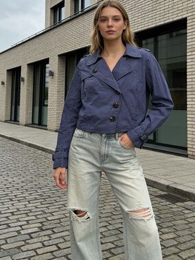 NWT Caslon Cropped Utility Trench Jacket Blue Cotton Coat Medium